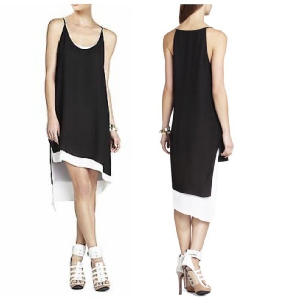 BCBG MaxAzria Gigi Asymmetrical Light Tank MIDI Dress Flowey Black White Sheath